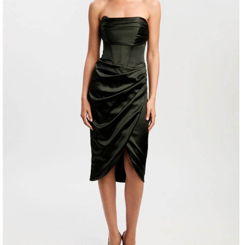 Bardot Strapless Satin Midi Dress in Black
